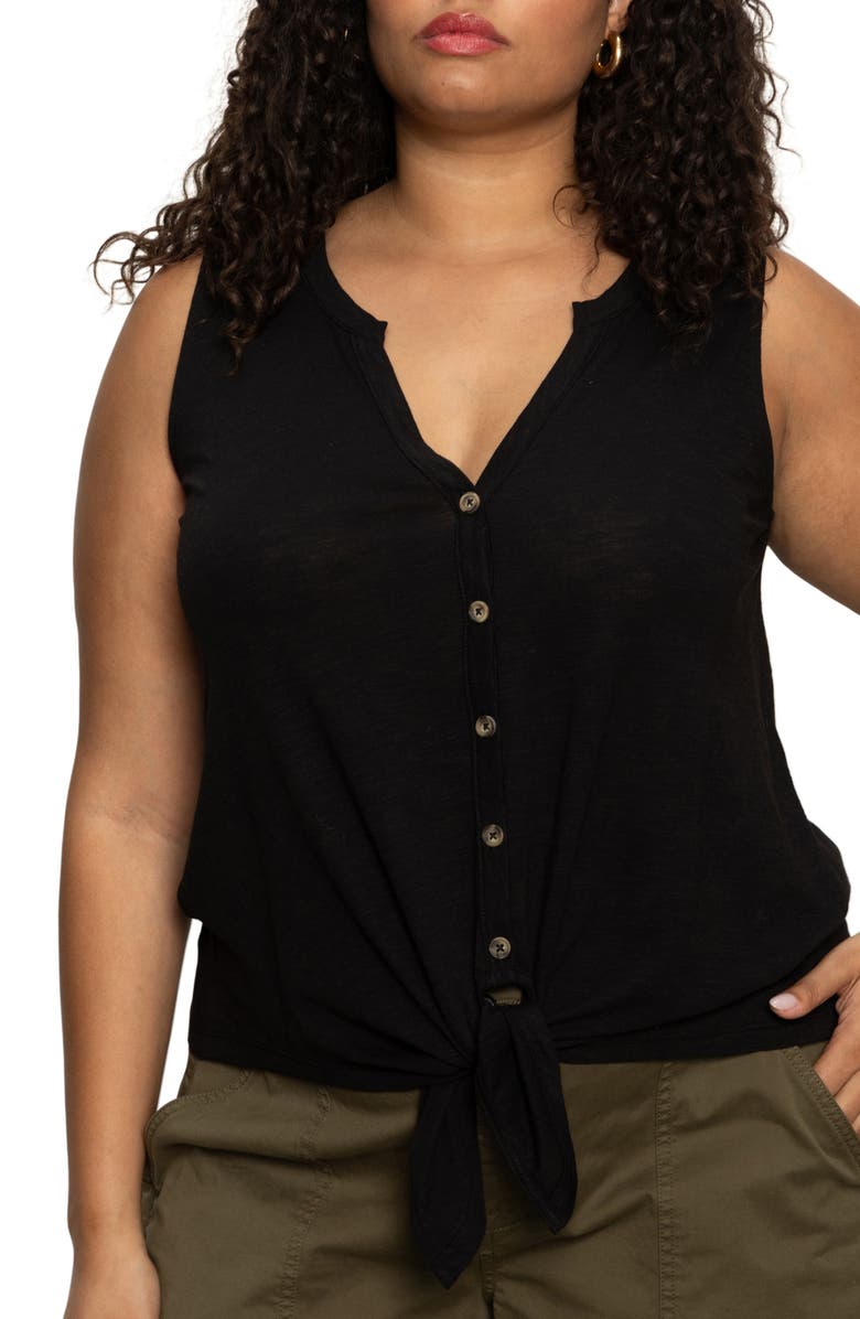 Sanctuary Tie Front Slub Jersey Button-Up Tank, Alternate, color, Black