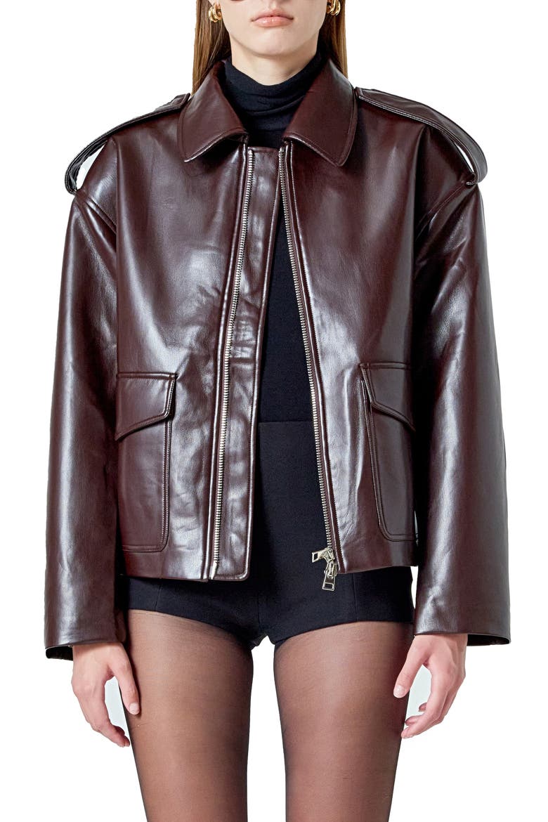 Oversize Faux Leather Jacket, Main, color, BROWN