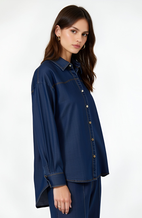 Modenaire Classic Button-up Denim Shirt With Contrast Stitching And Long Sleeves In Blue