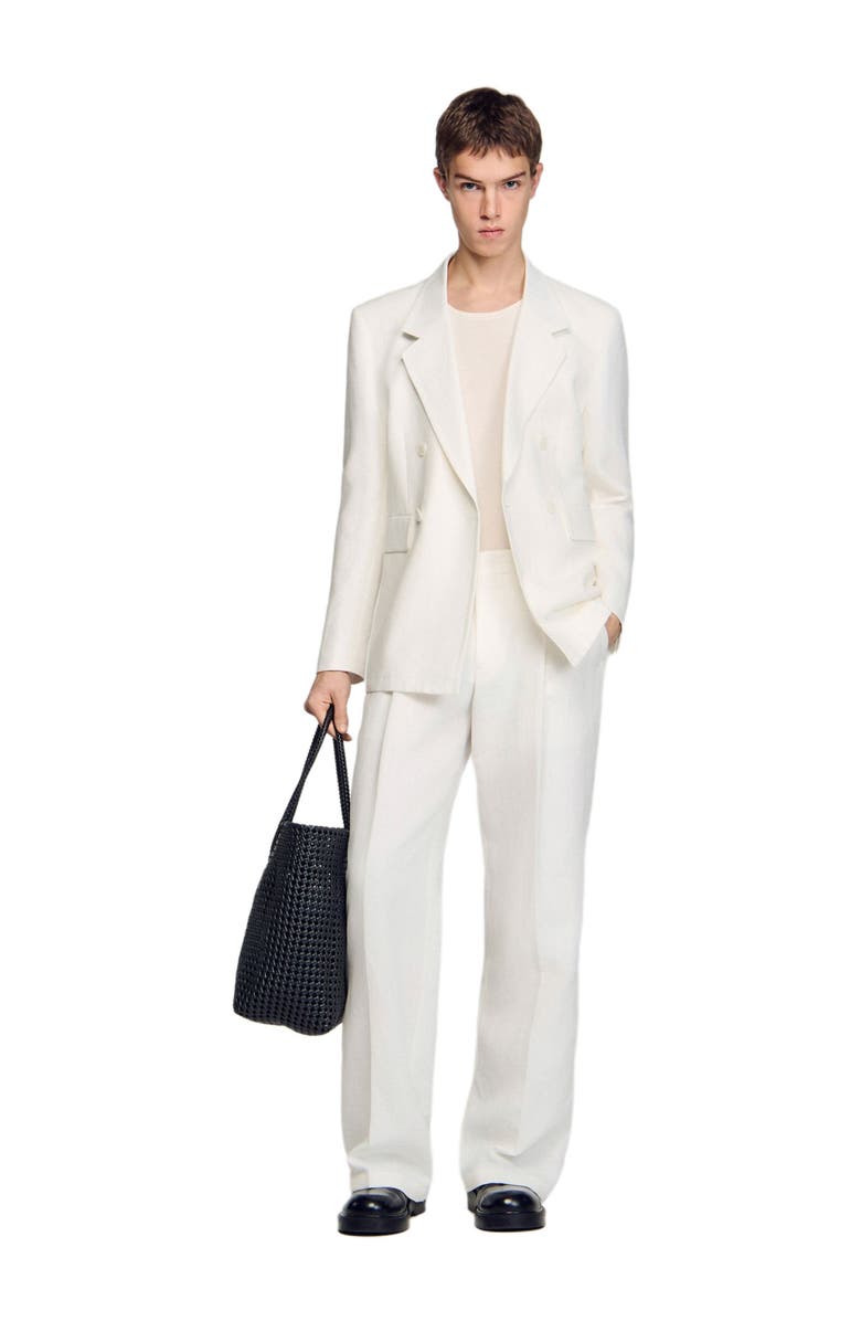 SANDRO Double-breasted linen suit jacket, Alternate, color, White