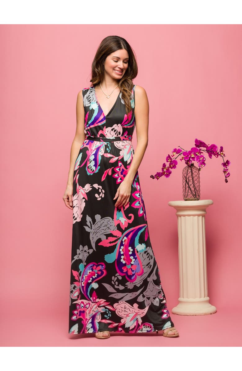 24seven Comfort Apparel Black and Pink Print V-Neck Empire Waist Sleeveless Maxi Dress, Alternate, color, Black Multi