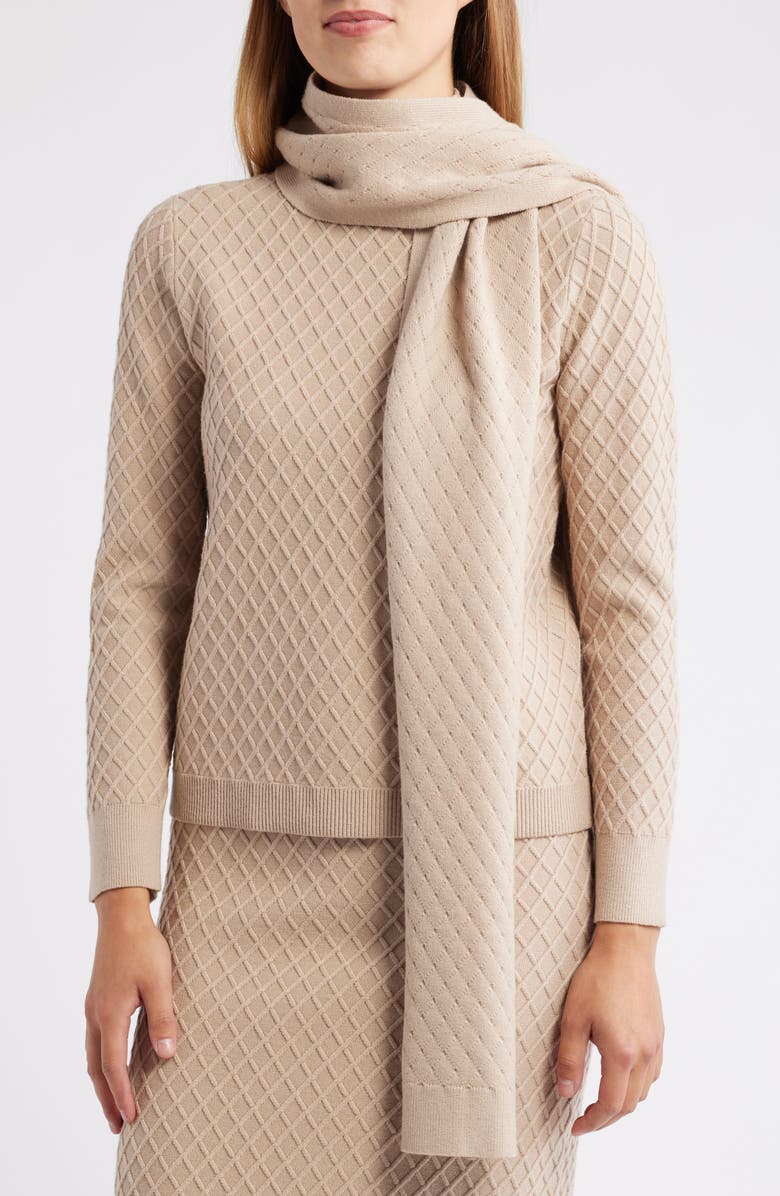Anne Klein Diamond Stitch Scarf Mock Neck Sweater, Alternate, color, Latte