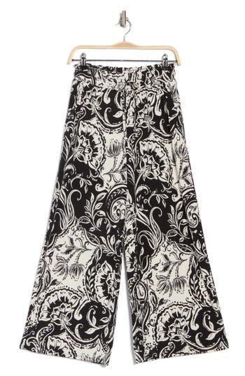 Ellen Tracy Palm Outline Smocked Crop Pants In Black