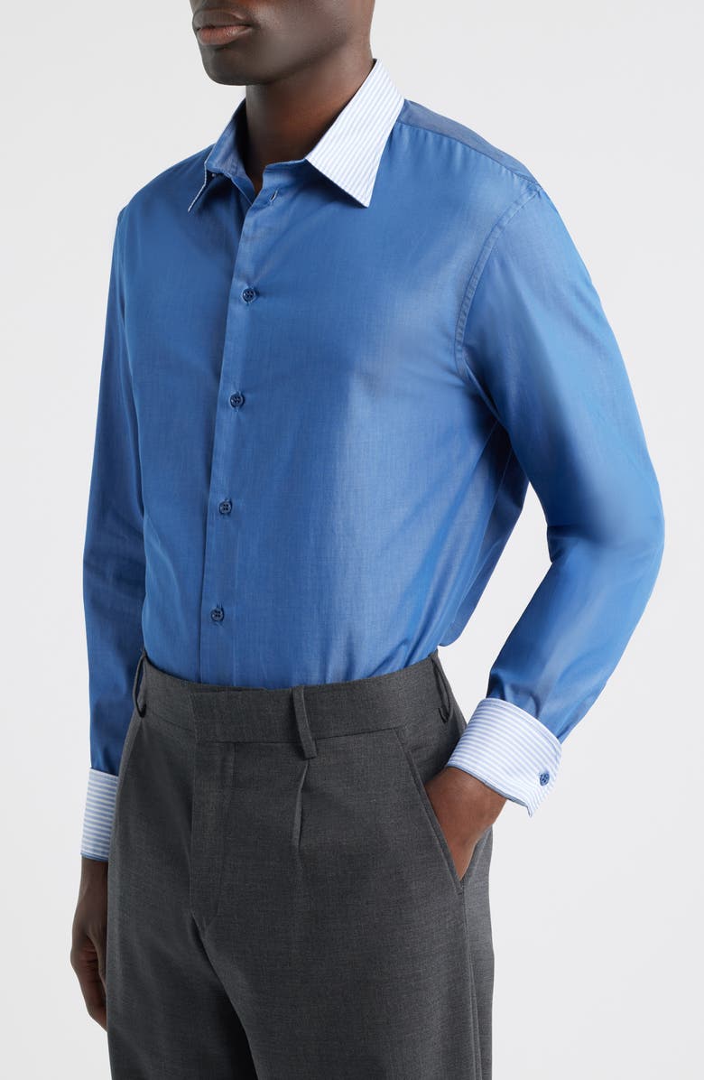 Emporio Armani Blue Cotton Button-Up Shirt with Pinstripe Collar, Alternate, color, Solid Bright Blue