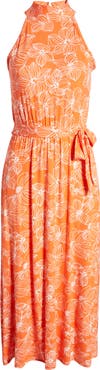 Loveappella Floral Tie Waist Halter Knit Maxi Dress