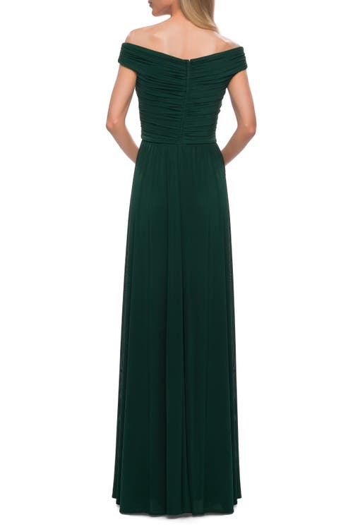 La Femme Ruched Jersey Column Gown In Emerald
