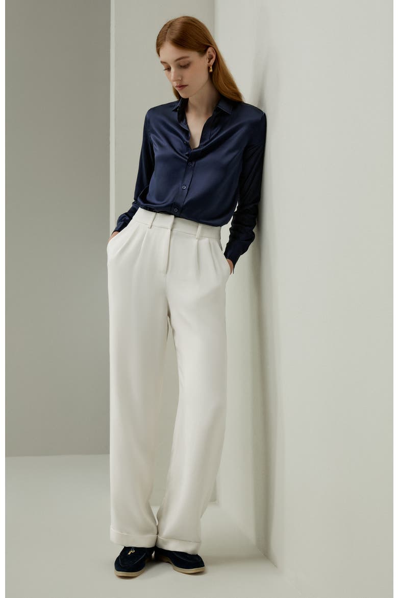 Women's Tailored Button Down Silk Shirt, Alternate, color, Navy Blue