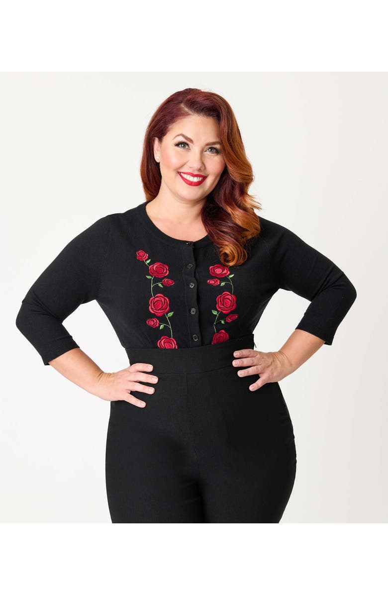 Unique Vintage Plus Size Bookworm Cardigan, Alternate, color, Black & Red Roses