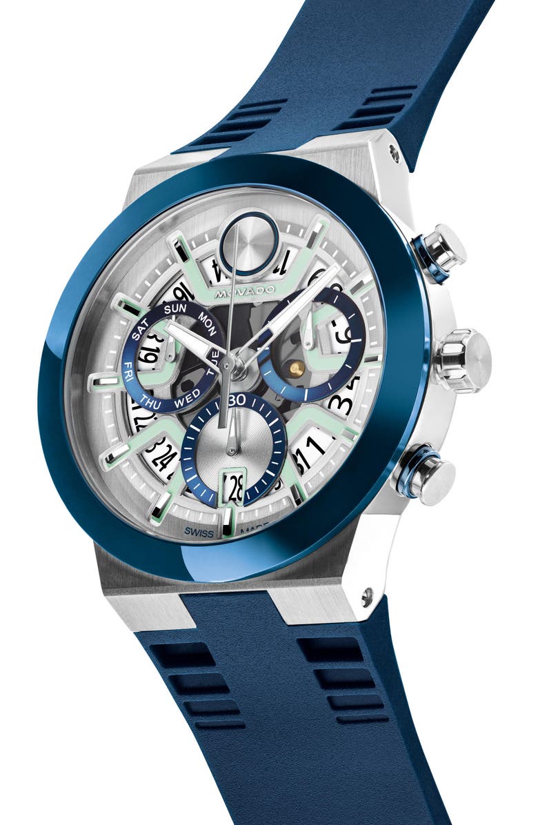 Movado Bold Fusion Skeleton Chronograph Silicone Strap Watch, 44.5mm, Alternate, color, Blue