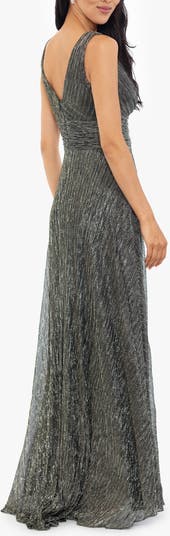 Metallic Plunge Neck Crinkle Gown