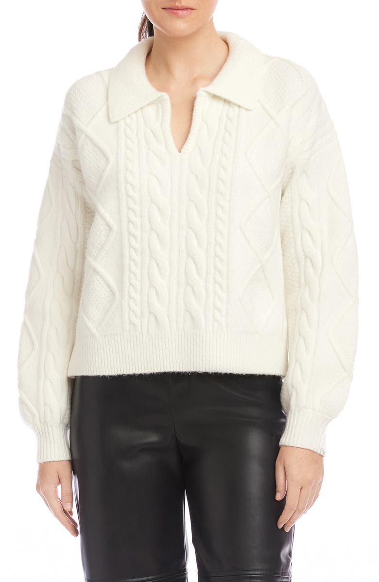 FIFTEEN TWENTY Francis Cable Johnny Collar Polo Sweater, Main, color, White