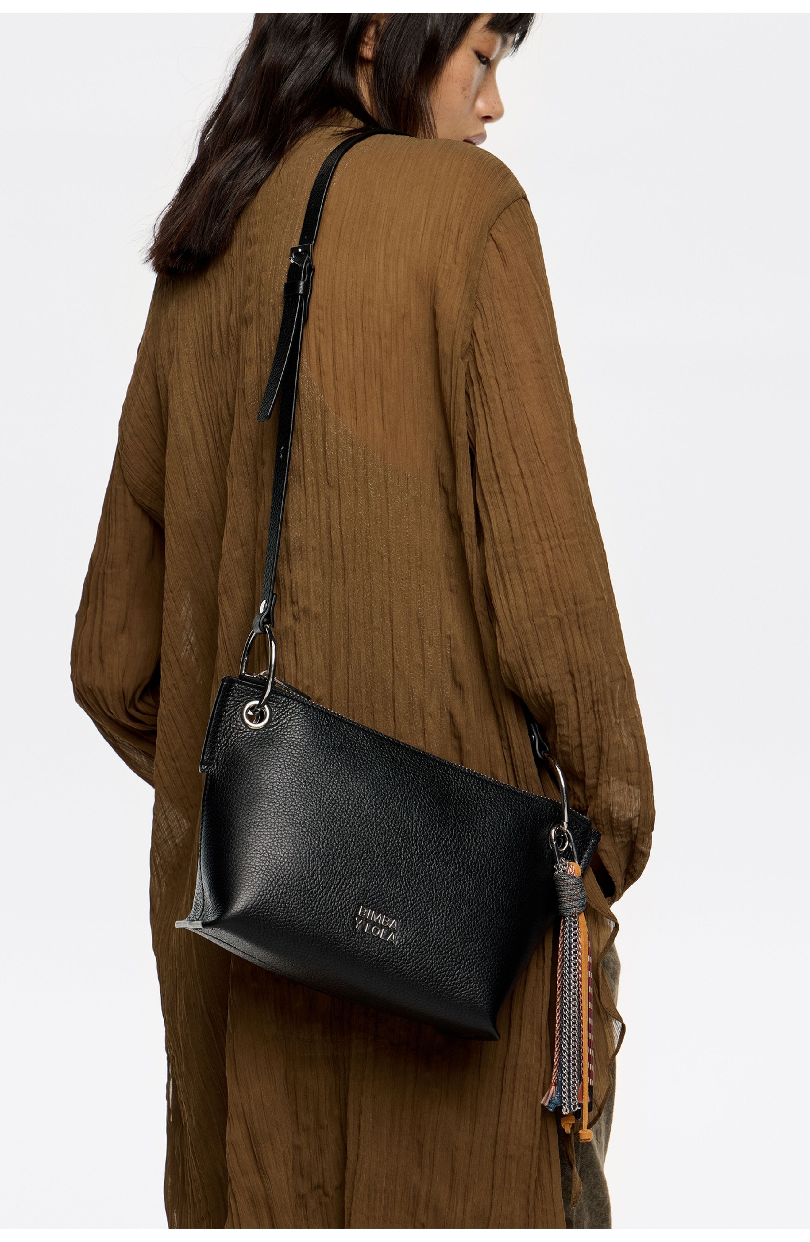 Bimba y Lola Leather Medium Trapezium Bag, Alternate, color, Black