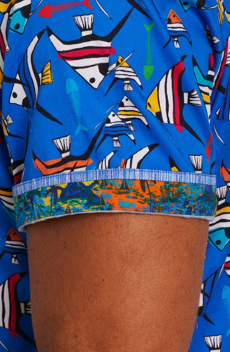 Robert Graham Gone Fishing Stretch Print Short Sleeve Button-Up Shirt, Alternate, color, Blue