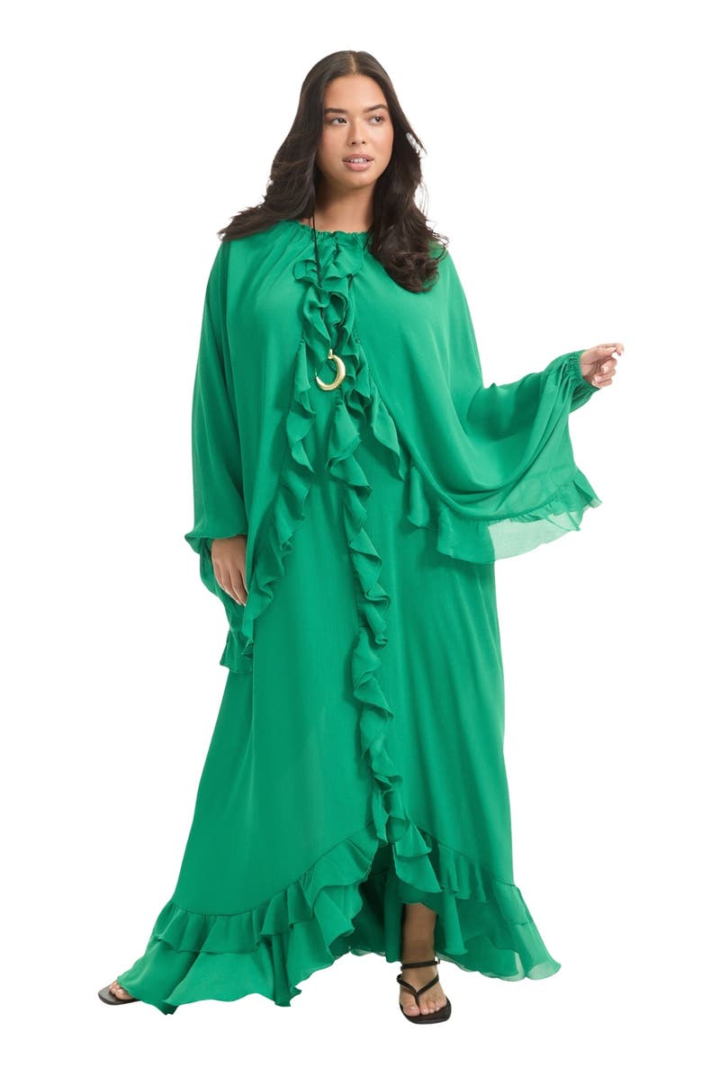 June + Vie Ruffled Chiffon Cape Maxi Dress, Main, color, Pine Green