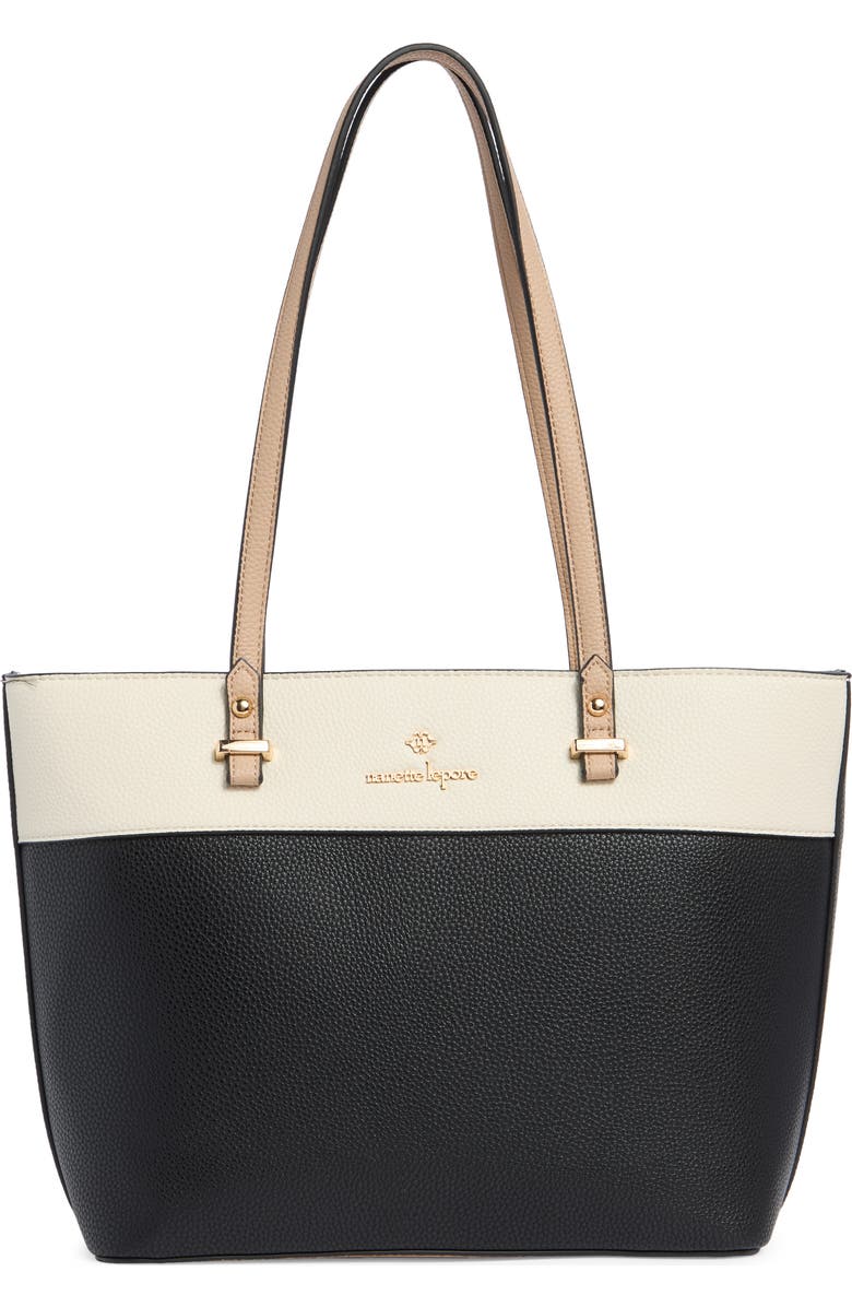 Nanette Lepore Sabine Colorblock Tote Bag & Pouch, Main, color, Black - Rice - Warm Taupe