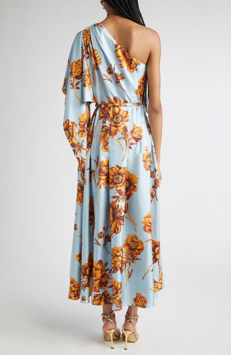 Oscar de la Renta Peony One-Shoulder Silk Twill Midi Dress, Alternate, color, Brown/Ice Blue