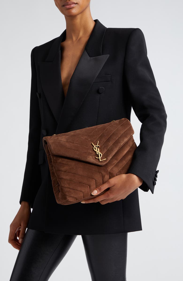 Saint Laurent Medium Lou Matelassé Suede Shoulder Bag, Alternate, color, Brown Coffee