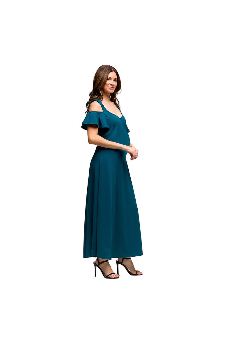 Maternity Cold Sholder Ruffle Sleeve A-Line Maxi Dress, Alternate, color, Teal