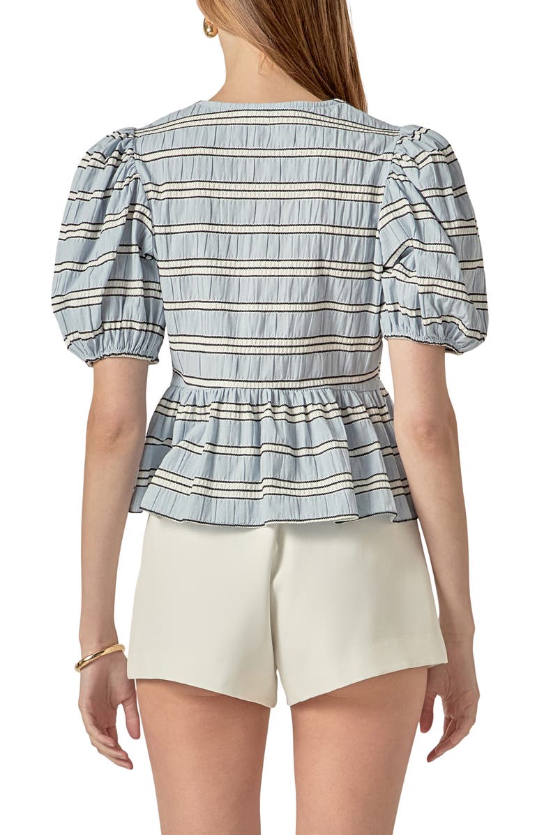 English Factory Bow Detail Puff Sleeve Peplum Top, Alternate, color, Powder Blue Multi