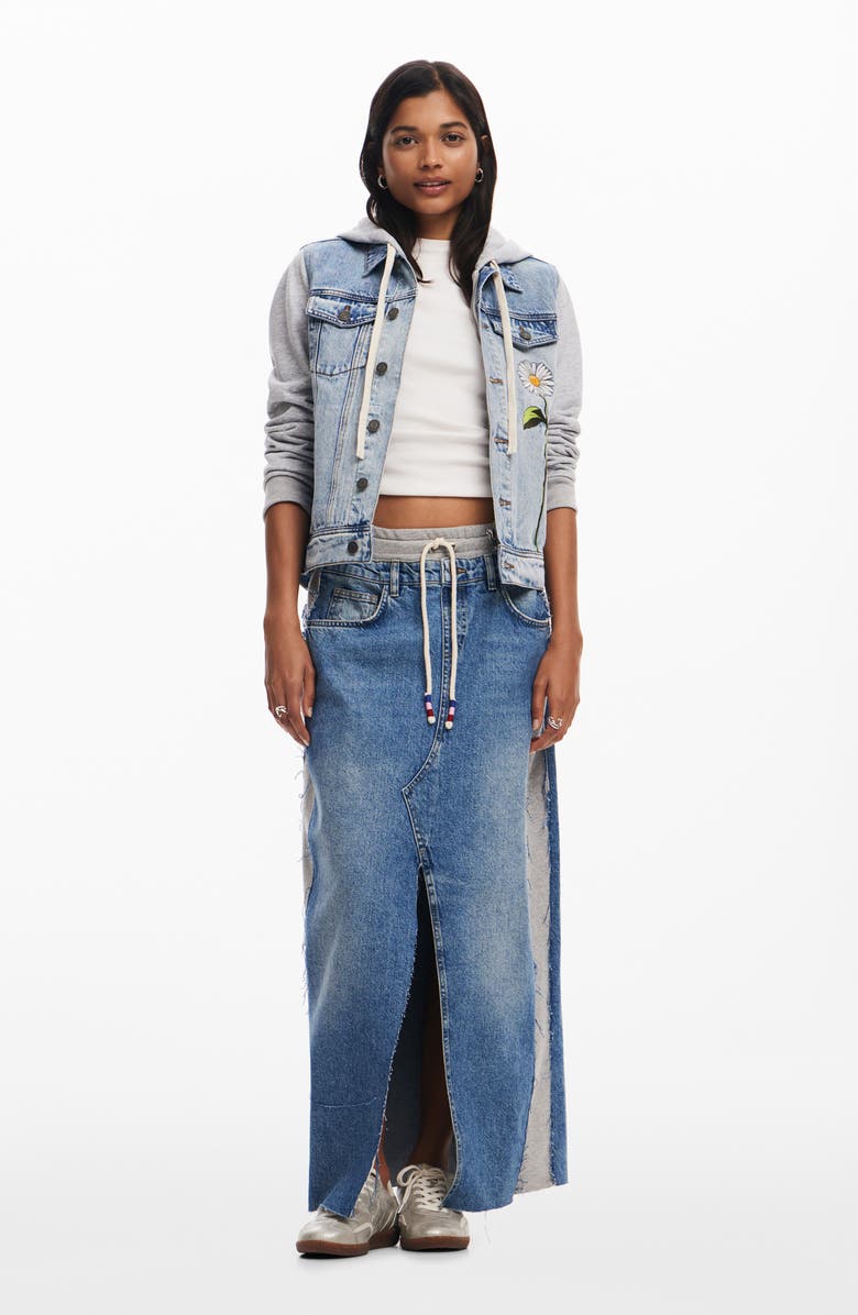 Desigual Mixed Media Denim & Cotton Fleece Hoodie, Alternate, color,