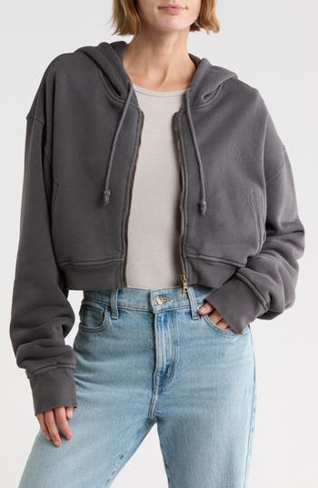 Elwood Crop Organic Cotton Zip Hoodie In Vintage Grey