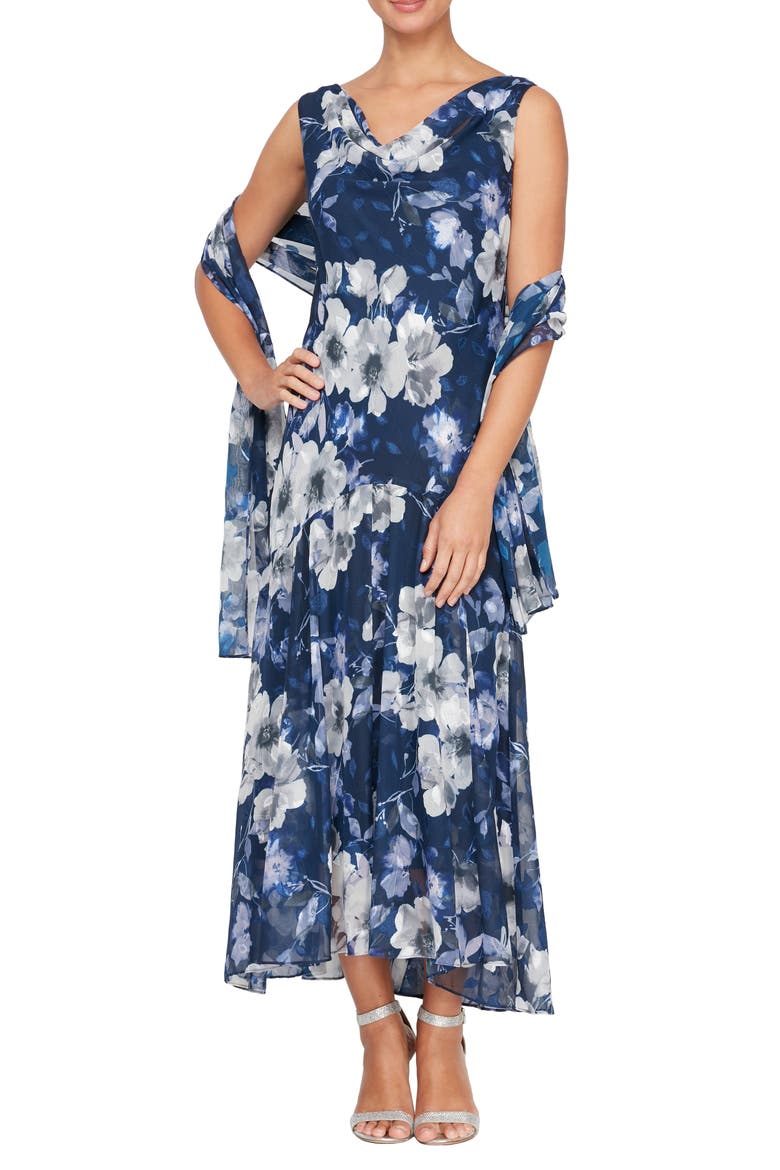Floral Cowl Neck A-Line Dress with Shawl, Main, color, NAVY MULTI
