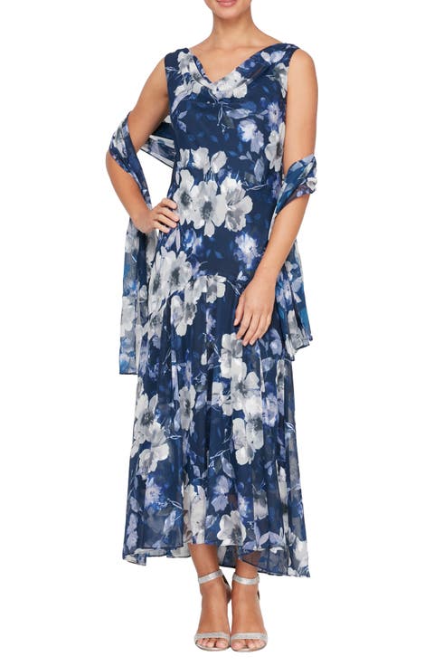 Floral Cowl Neck A-Line Dress with Shawl