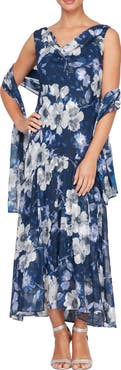 Alex Evenings Floral Cowl Neck A-Line Dress with Shawl