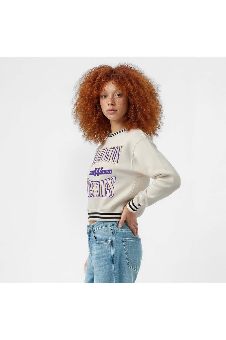 Women's Champion  White Washington Huskies Yarn Dye Rib Reverse Weave Crew Sweatshirt, Alternate, color, White