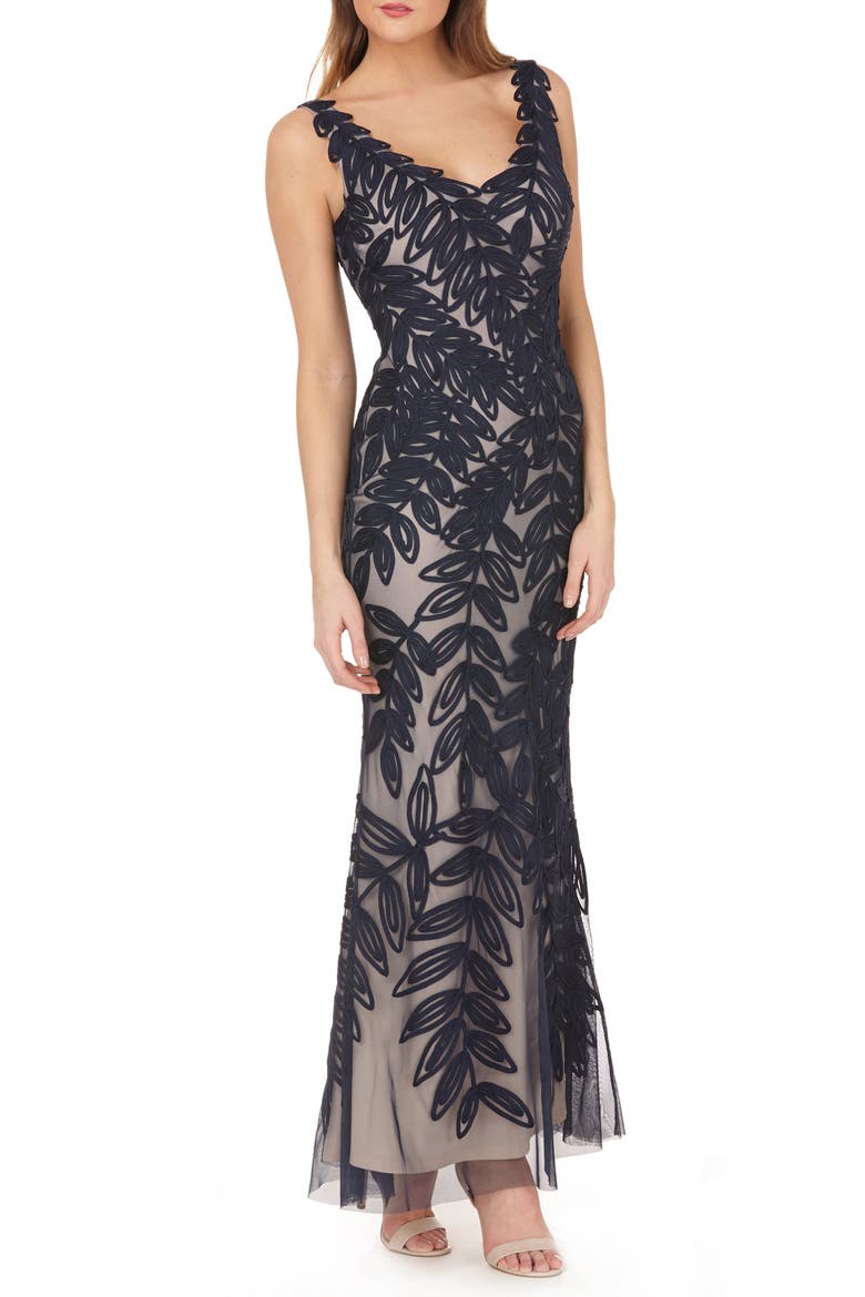 Leaf Soutache Trumpet Gown, Main, color, NAVY/ NUDE