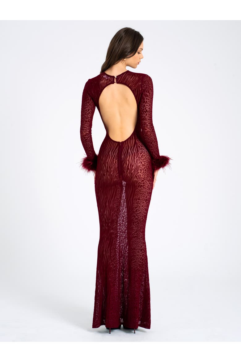 Patricia Leopard Burnout Velvet Mesh Backless Maxi Dress, Alternate, color, Burgundy