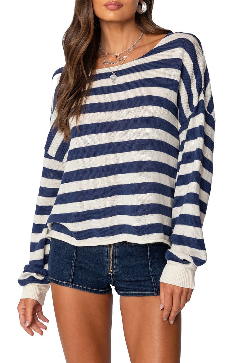 Anney Oversize Stripe Cotton Blend Sweater, Main, color, BLUE-AND-CREAM