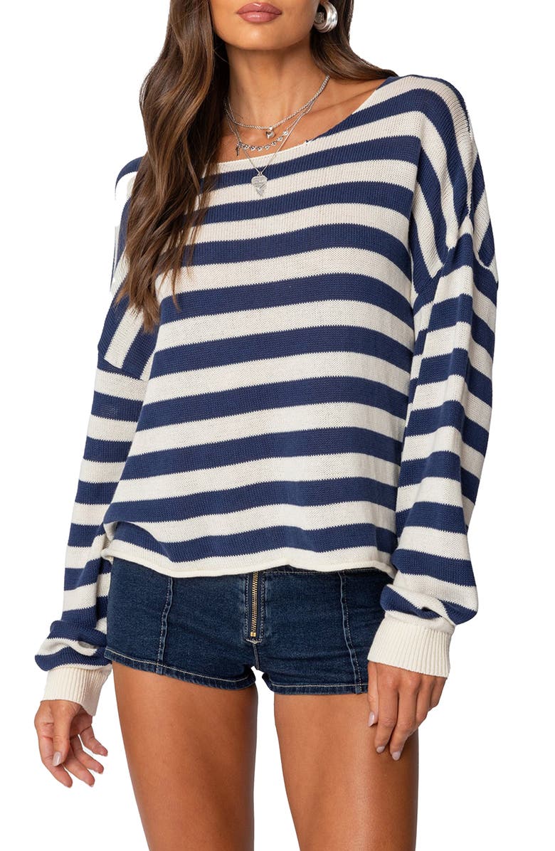 EDIKTED Anney Oversize Stripe Cotton Blend Sweater, Main, color, Blue-And-Cream