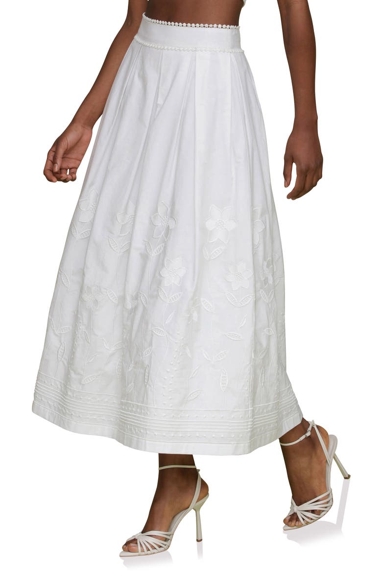 Floral Embroidered Pleated Cotton Midi Skirt, Alternate, color, WHITE