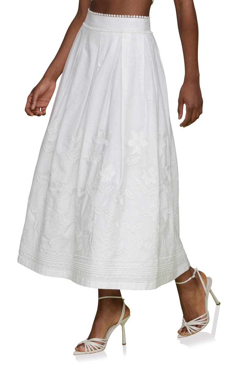 Floral Embroidered Pleated Cotton Midi Skirt
