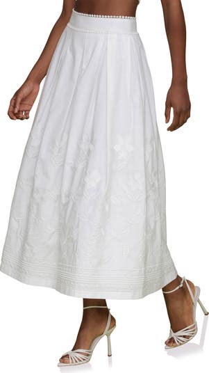 Floral Embroidered Pleated Cotton Midi Skirt