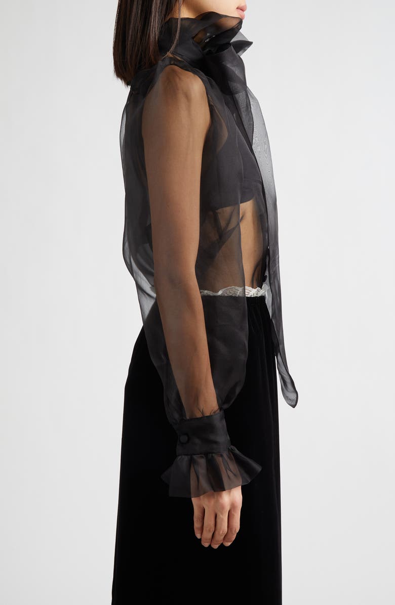 Tanner Fletcher Gender Inclusive Simone Pussy Bow Sheer Silk Organza Shirt, Alternate, color, Black