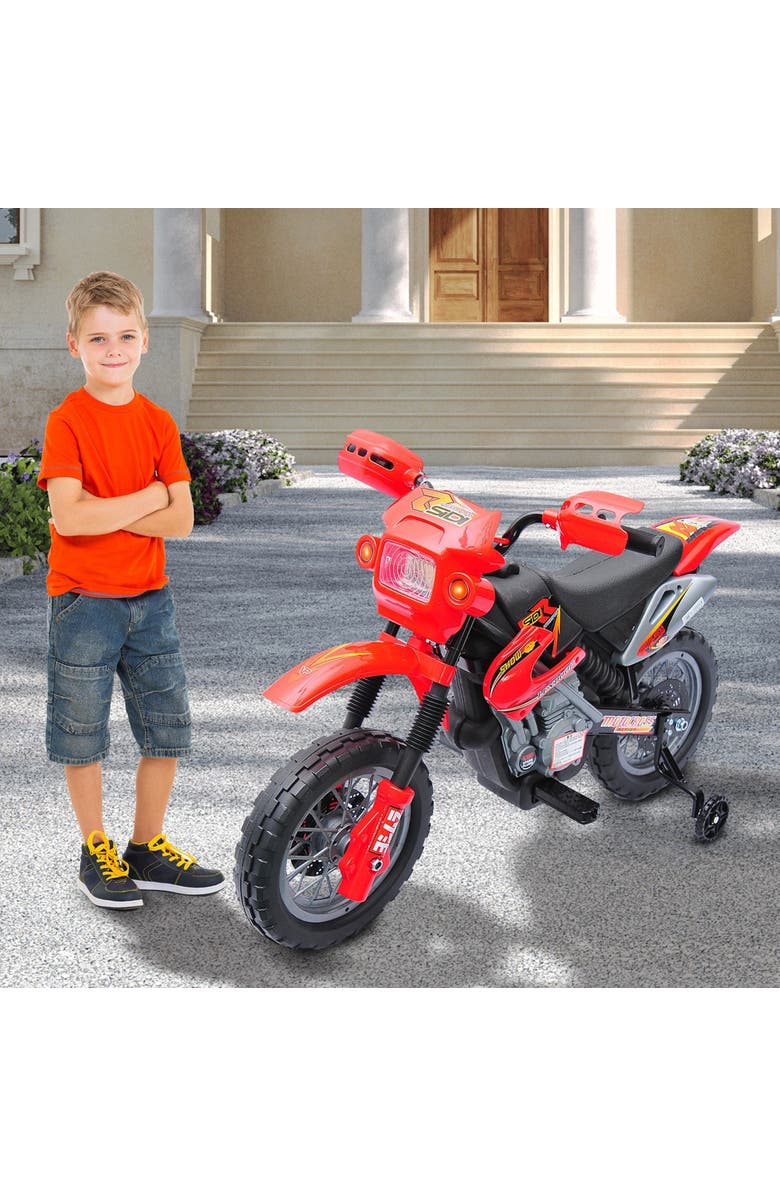 Aosom 6V Kids Motorcycle Dirt Bike with Training Wheels, Music, Lights, Alternate, color, Red