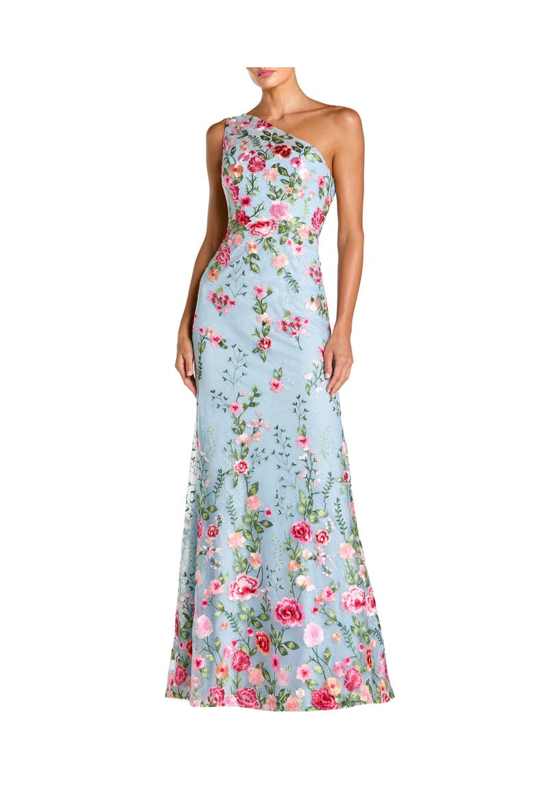 Petite One Shoulder Lace Embroidered Gown, Main, color, Powder Blue Multi