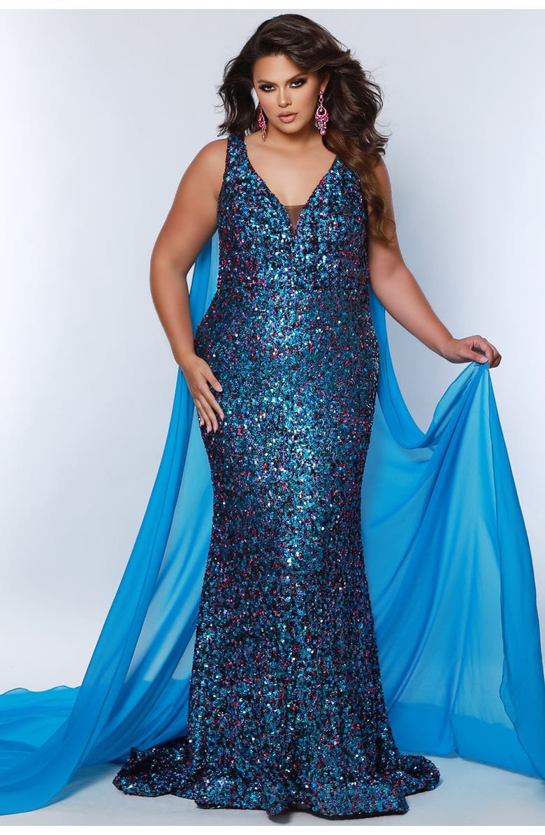 Johnathan Kayne for Sydney's Closet Long Fitted Plus Size Sequin Velvet Formal Gown, Main, color, Fuchsia Sky