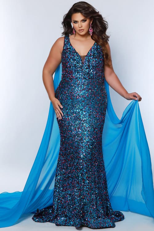 Johnathan Kayne for Sydney's Closet Long Fitted Plus Size Sequin Velvet Formal Gown in Fuchsia Sky  product