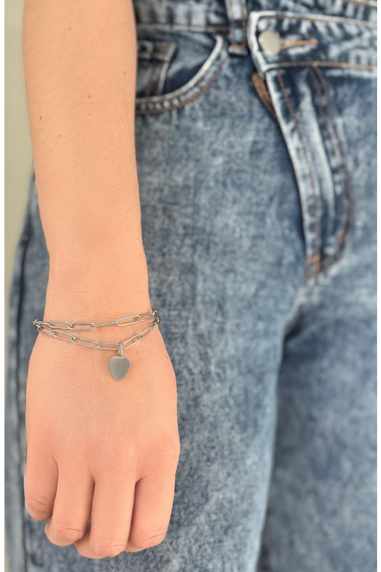 Water Resistant Paperclip Chain Heart Charm Bracelet Set, Alternate, color, SILVER
