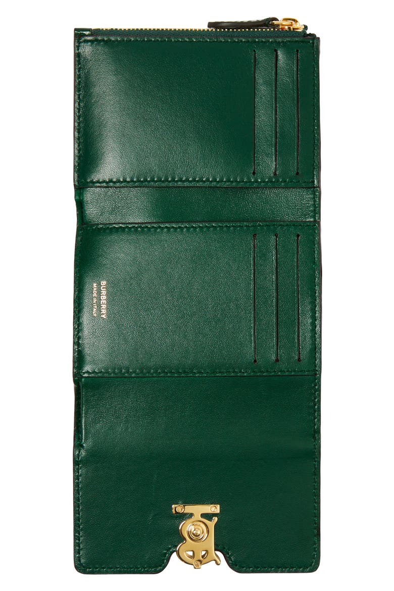 TB Monogram Trifold Leather Wallet, Alternate, color, DARK VIRIDIAN GREEN