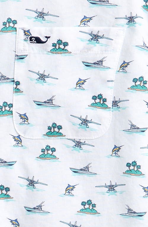 Vineyard Vines Kids' Island Print Short Sleeve Cotton Button-up Shirt In White Cap