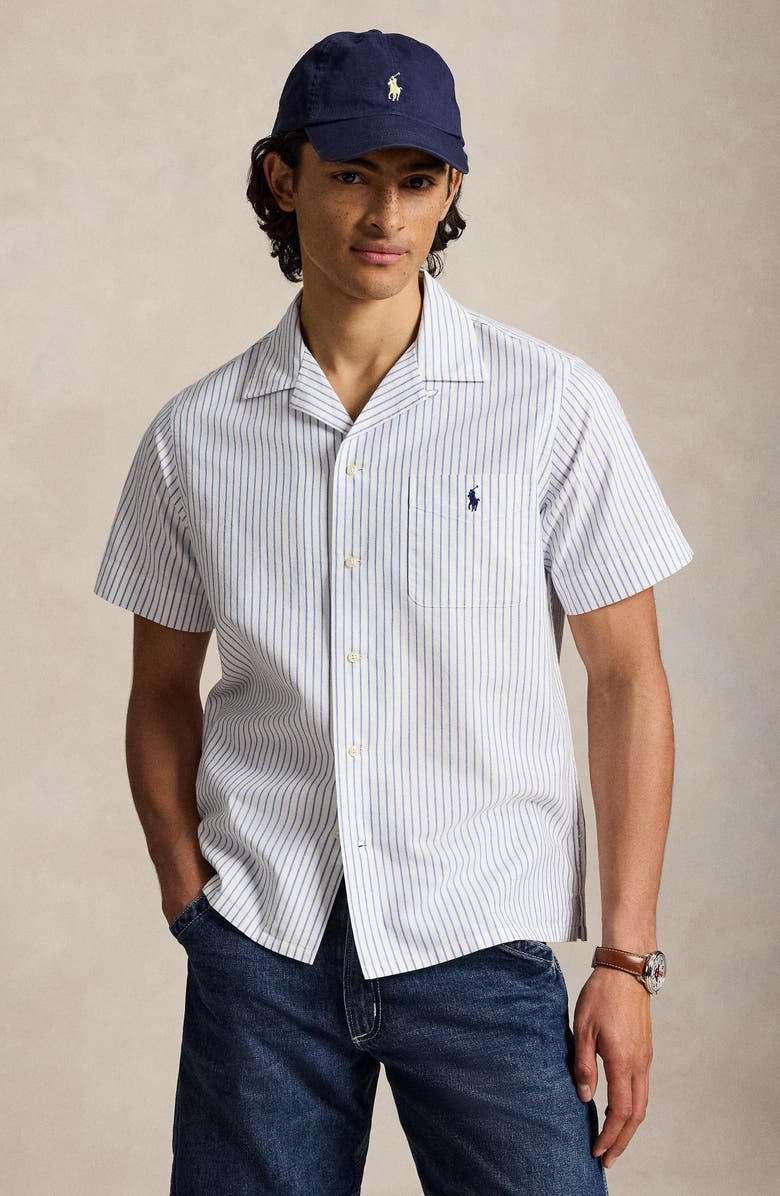 Polo Ralph Lauren Classic Fit Stripe Cotton Oxford Cloth Camp Shirt, Alternate, color, White Royal