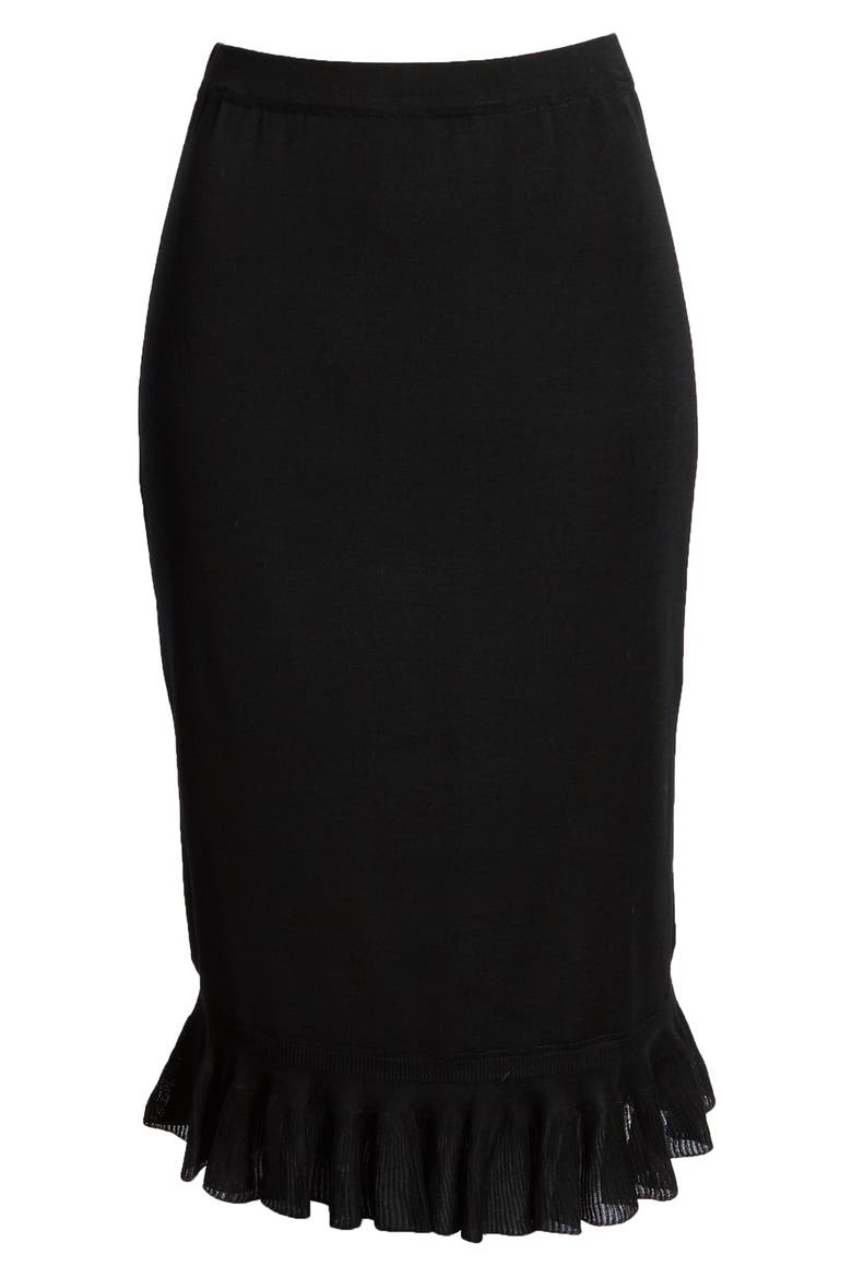 Ruffle Hem Knit Midi Skirt, Alternate, color, BLACK