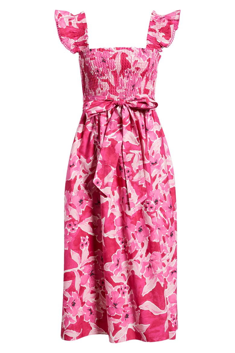 Smocked Ruffle Midi Dress, Alternate, color, VIBRANT PINK MULTI