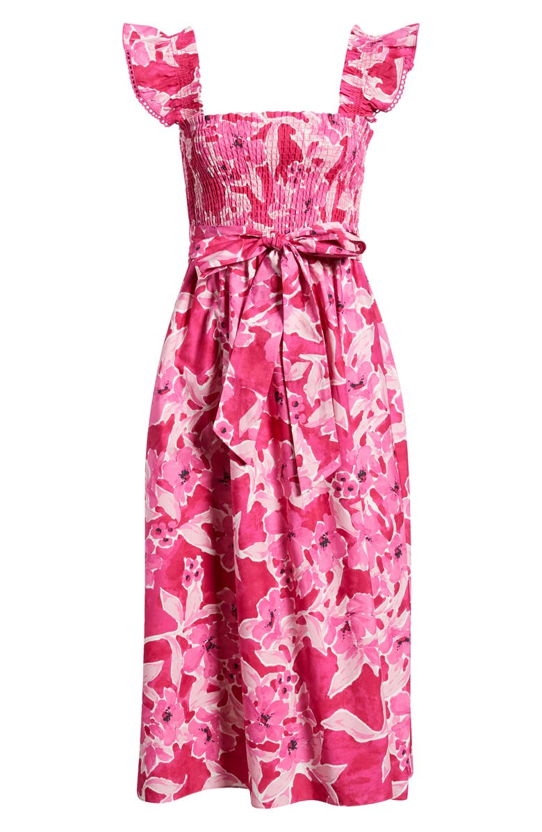 Anne Klein Smocked Ruffle Midi Dress, Main, color, Vibrant Pink Multi