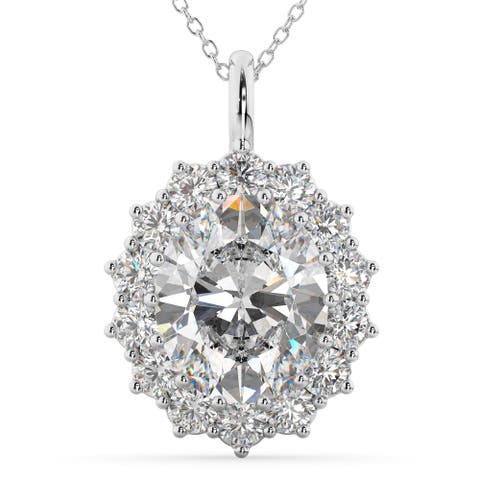 Oval Moissanite & Diamond Halo Pendant Necklace 14k