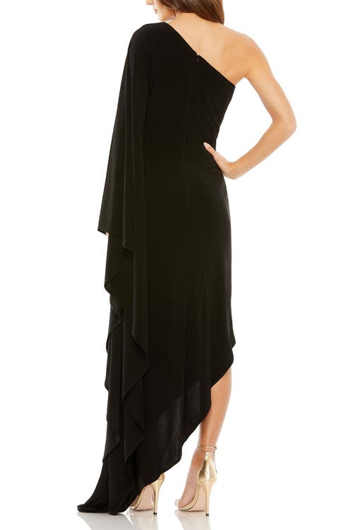 Mac Duggal One Shoulder Cape Sleeve Ruched Detail Jersey Gown In Black